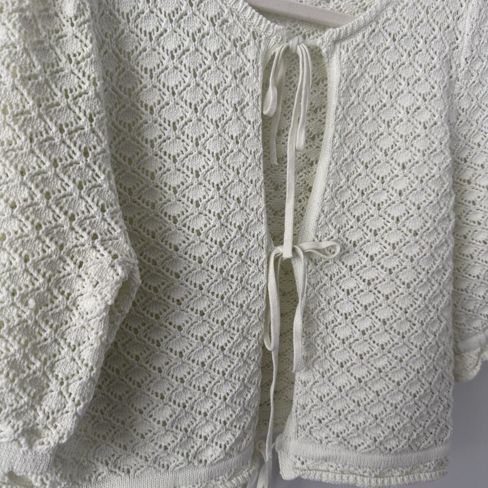 ZARA Pointelle Open knit top Tie Front Size M Crochet Elastic Puff Sleeves - Picture 3 of 7